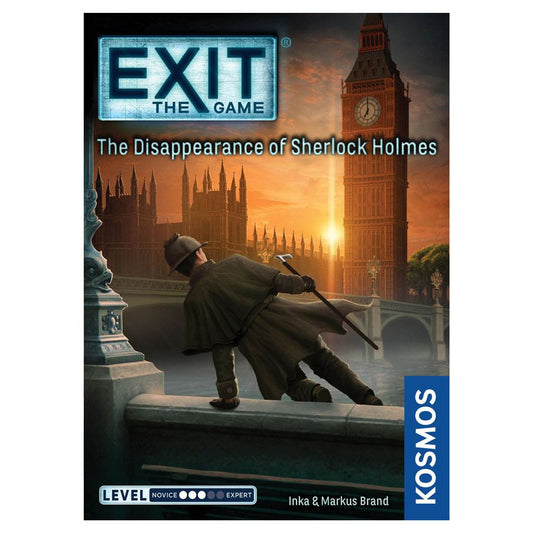 EXIT: The Disappearance of Sherlock Holmes puzzle box featuring detective in cape and hat running by Big Ben at sunset.