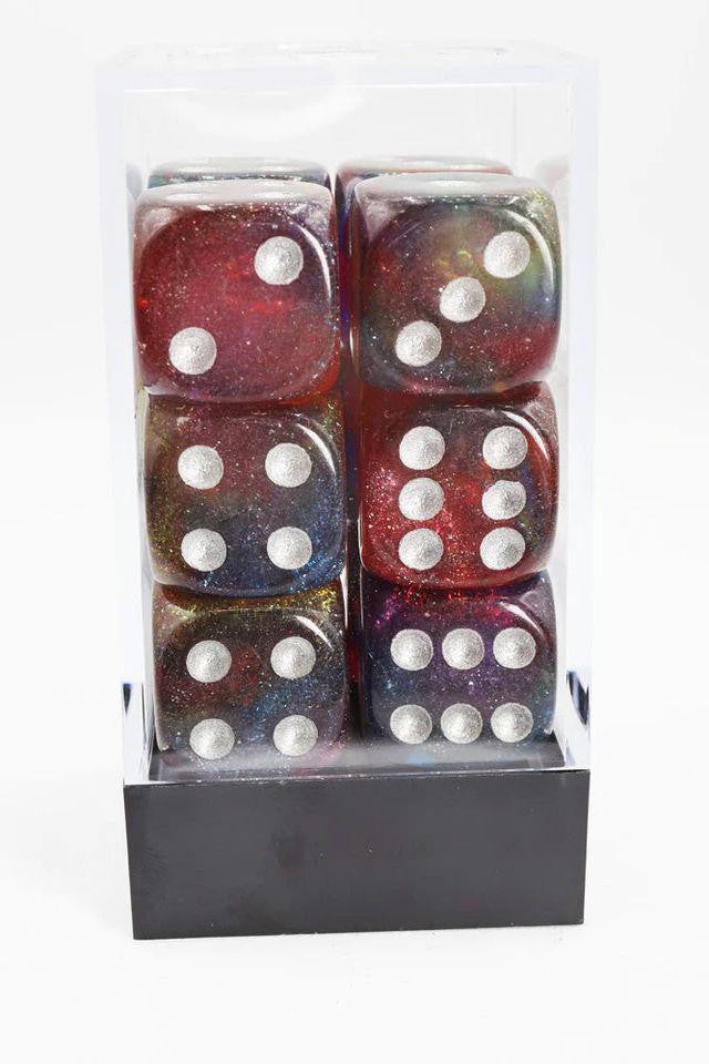 Twelve Cosmic Mystery Glitter multicolored resin D6 dice with white pips in a clear case with a black base.