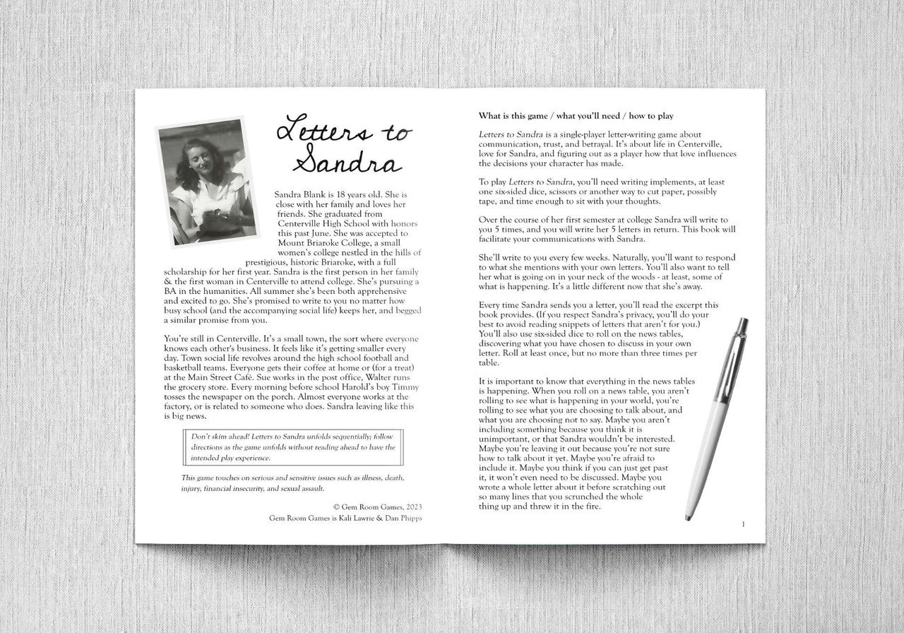 Letters to Sandra - A Solo Letter-Writing Game book page with black-and-white photo and handwritten title.