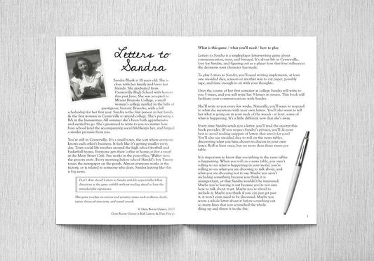 Letters to Sandra - A Solo Letter-Writing Game book page with black-and-white photo and handwritten title.