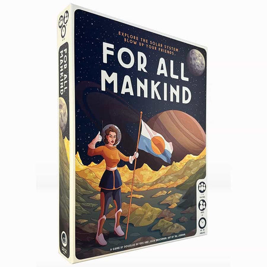 For All Mankind board game box featuring an astronaut planting a flag on an alien planet.