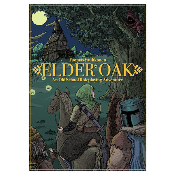 The Adventure: Elder Oak: Darkly Psychedelic Dungeon game cover featuring armed adventurers by a large tree.