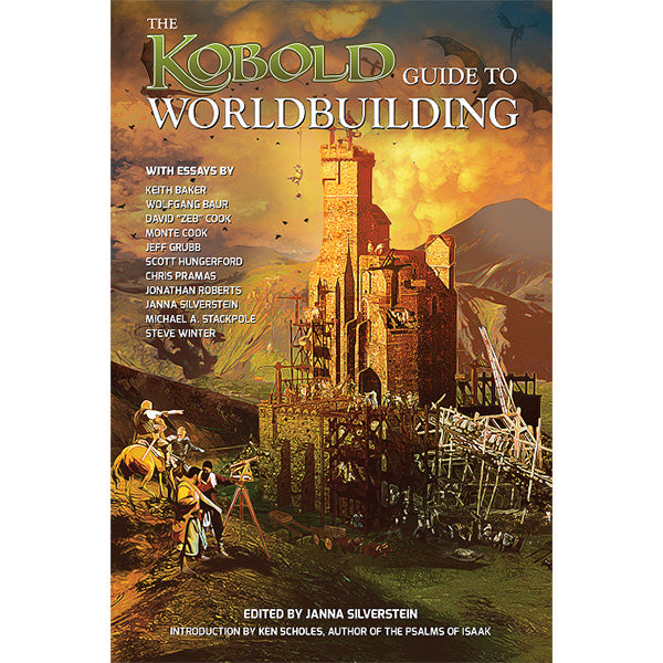 The Kobold Guide to Worldbuilding book cover featuring a castle under construction with people and dragons in a fantasy setting.
