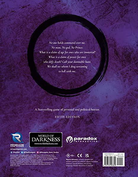 Vampire The Masquerade 5th Edition Core Rulebook with purple cover, black circle, white text, and logos.