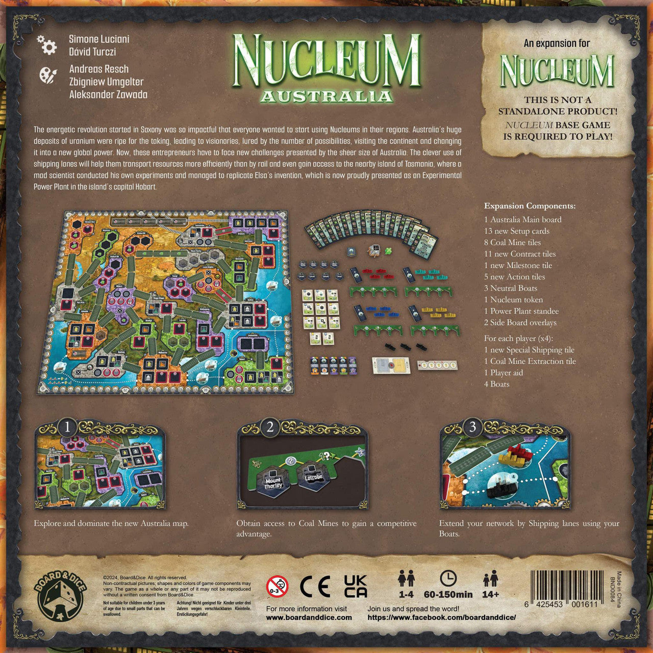 Nucleum Australia Expansion back cover showing Nucleums, uranium deposits, game board, components, and gameplay images.