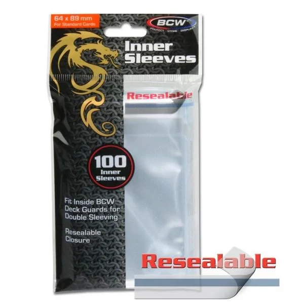 Pack of 100 resealable inner sleeves for cards with dragon design; standard size protectors.