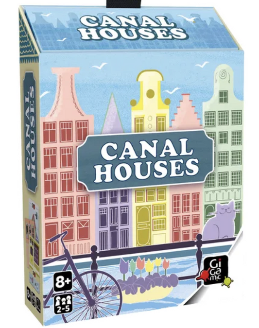 Canal Houses game box, ages 8+, 2-4 players, with canal houses, a bike, tulips, and a cat on the cover.