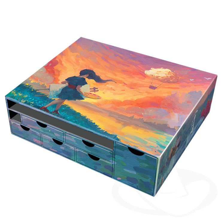 Canvas: Big Box, chest of drawers with artwork of a girl and airship in a sunset landscape.