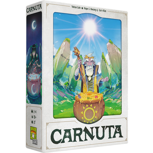 Carnuta board game box featuring a druid and colorful landscape.