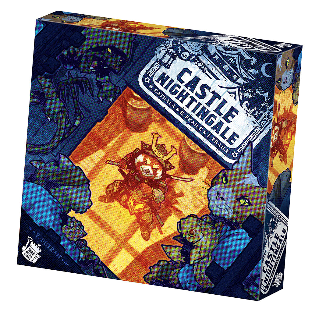 Box for Castle Nightingale asymmetric strategy game with armored heroes and fantasy animals in a dark castle setting.