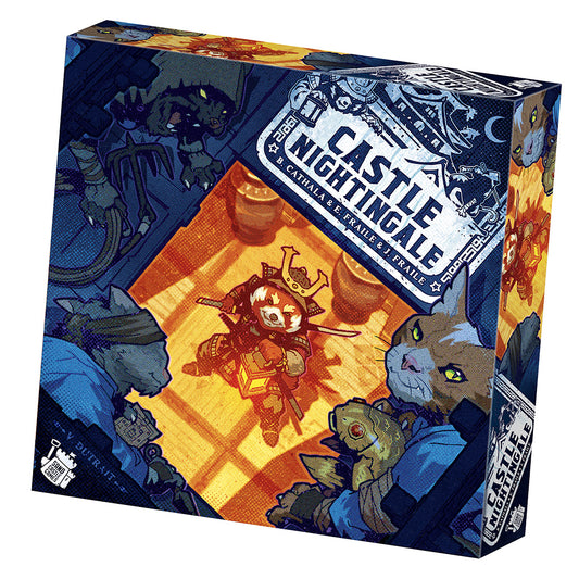 Box for Castle Nightingale asymmetric strategy game with armored heroes and fantasy animals in a dark castle setting.