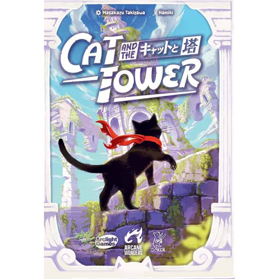 Cat and the Tower product featuring a black cat in a red scarf with an overgrown tower and title above.