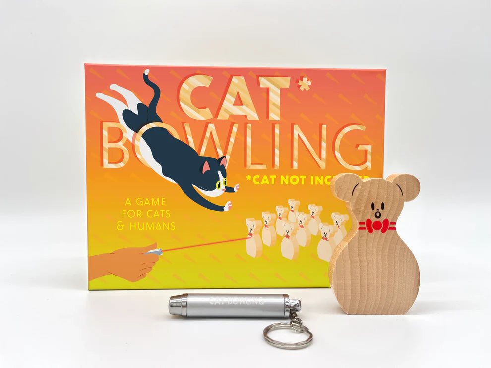 Cat Bowling set with wooden mouse, pins, and silver keychain.