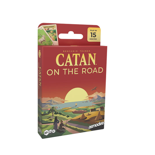 CATAN – On the Road portable board game, sunset design, for ages 10 and up, 15-minute play time.