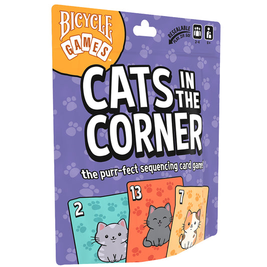 Cats in the Corner card game package with cartoon cats and colorful cards on the front.