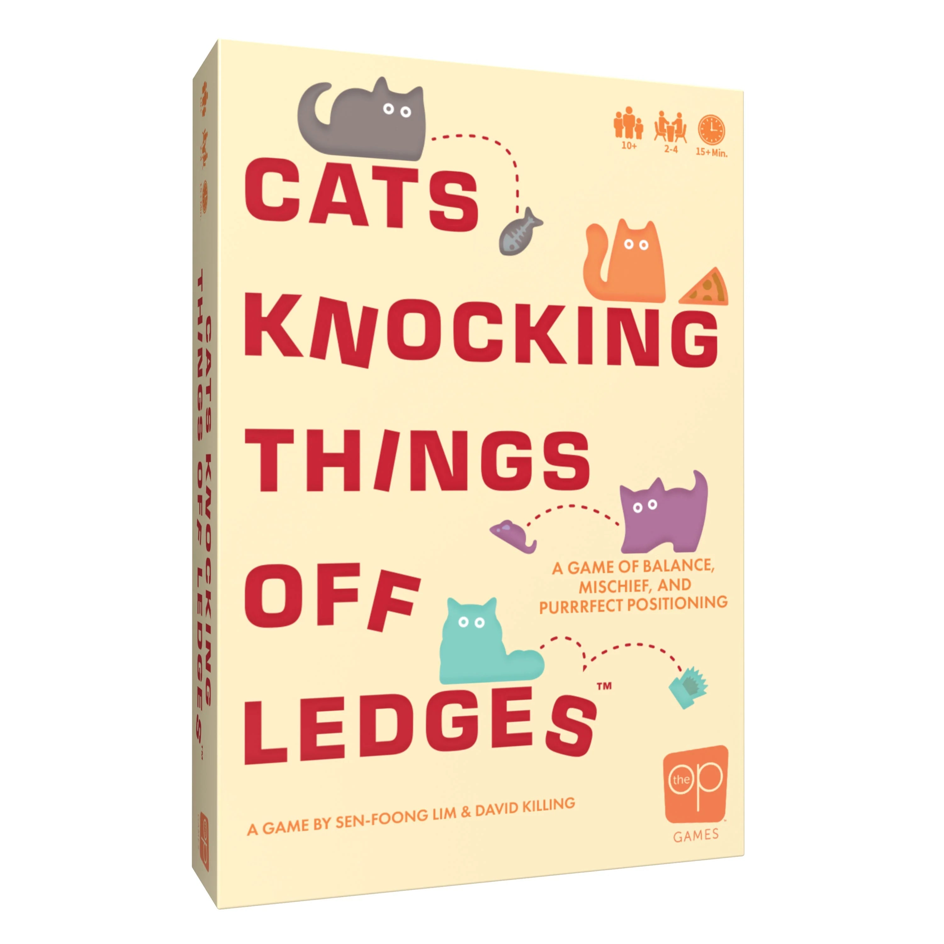 Cats Knocking Things Off Ledges board game box with illustrations of playful cats.