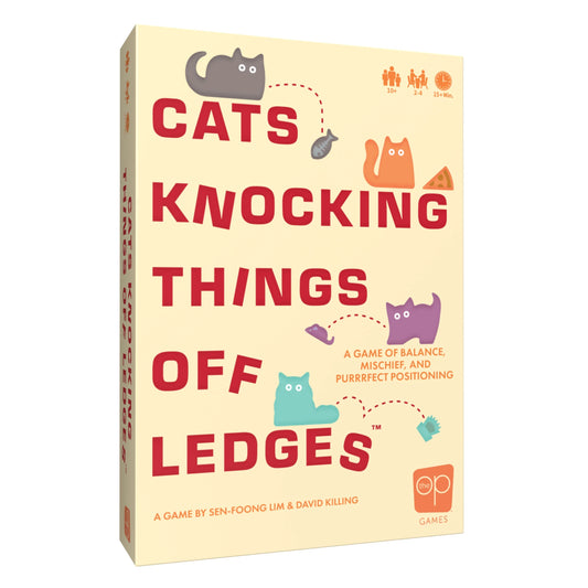 Cats Knocking Things Off Ledges board game box with illustrations of playful cats.