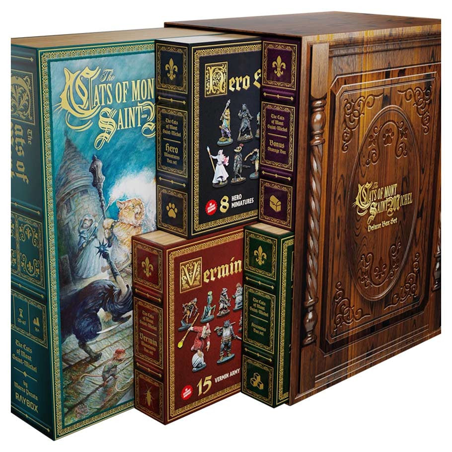 The Cats of Mont Saint Michel deluxe board game set with book-style case and miniatures.