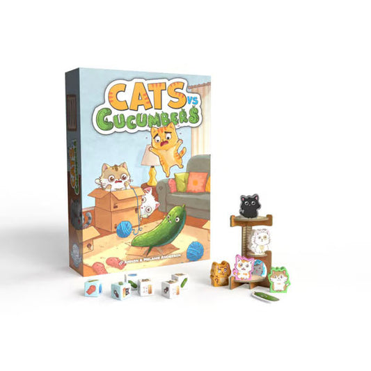 Cats vs Cucumbers cat dice game with cat figures, cucumber designs, and family-friendly game pieces.