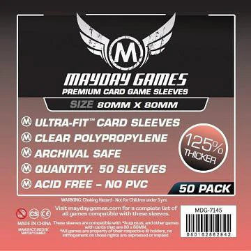 80MM x 80MM card sleeves, 50-pack, archival safe, 50-count label with key features and thickness listed.