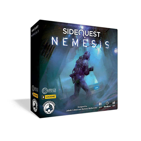 Side Quest Nemesis board game box featuring a person in a spacesuit in a blue-lit sci-fi corridor.
