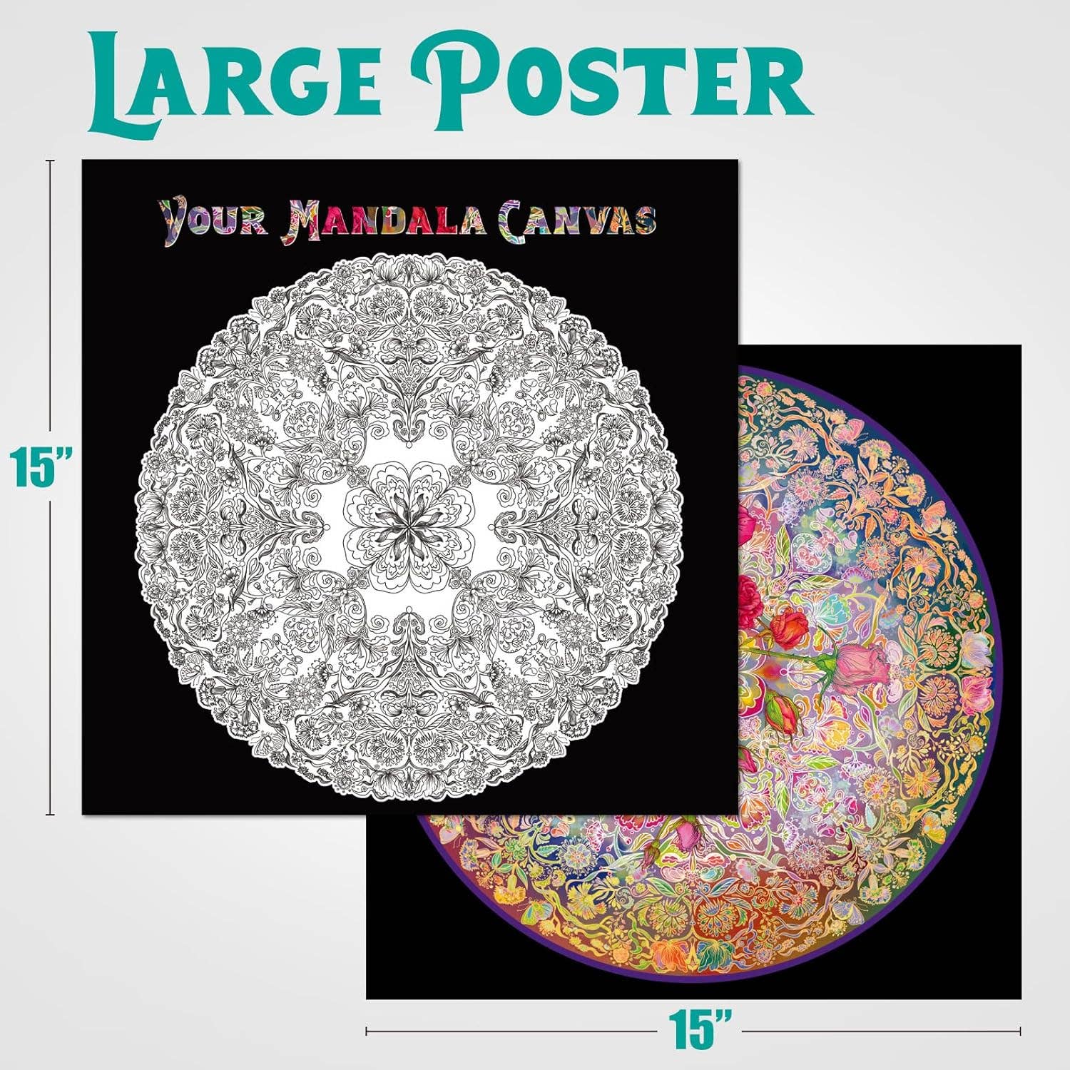Mandalic Rose 1000 Piece Jigsaw Puzzle with black-and-white and colored 15″ mandala posters included.