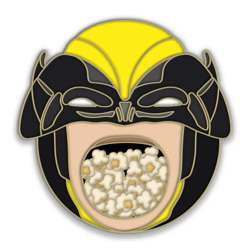 Deadpool Popcorn Bucket Pin featuring a stylized face in a yellow and black mask with popcorn.