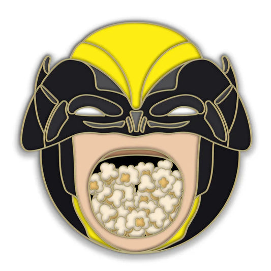 Deadpool Popcorn Bucket Pin featuring a stylized face in a yellow and black mask with popcorn.
