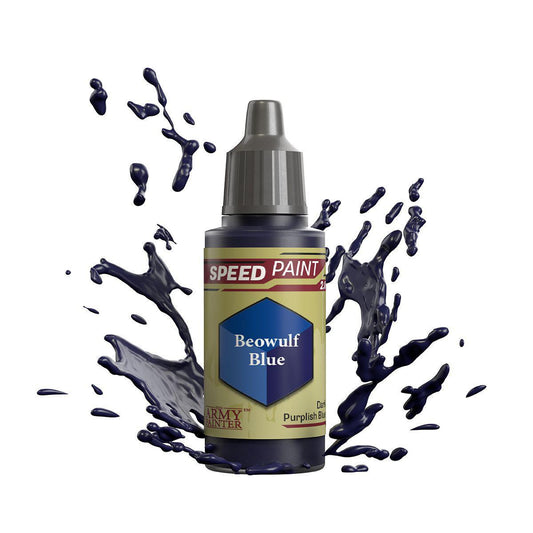 Army Painter Speedpaint bottle, Beowulf Blue variant, on white background with blue splashes.