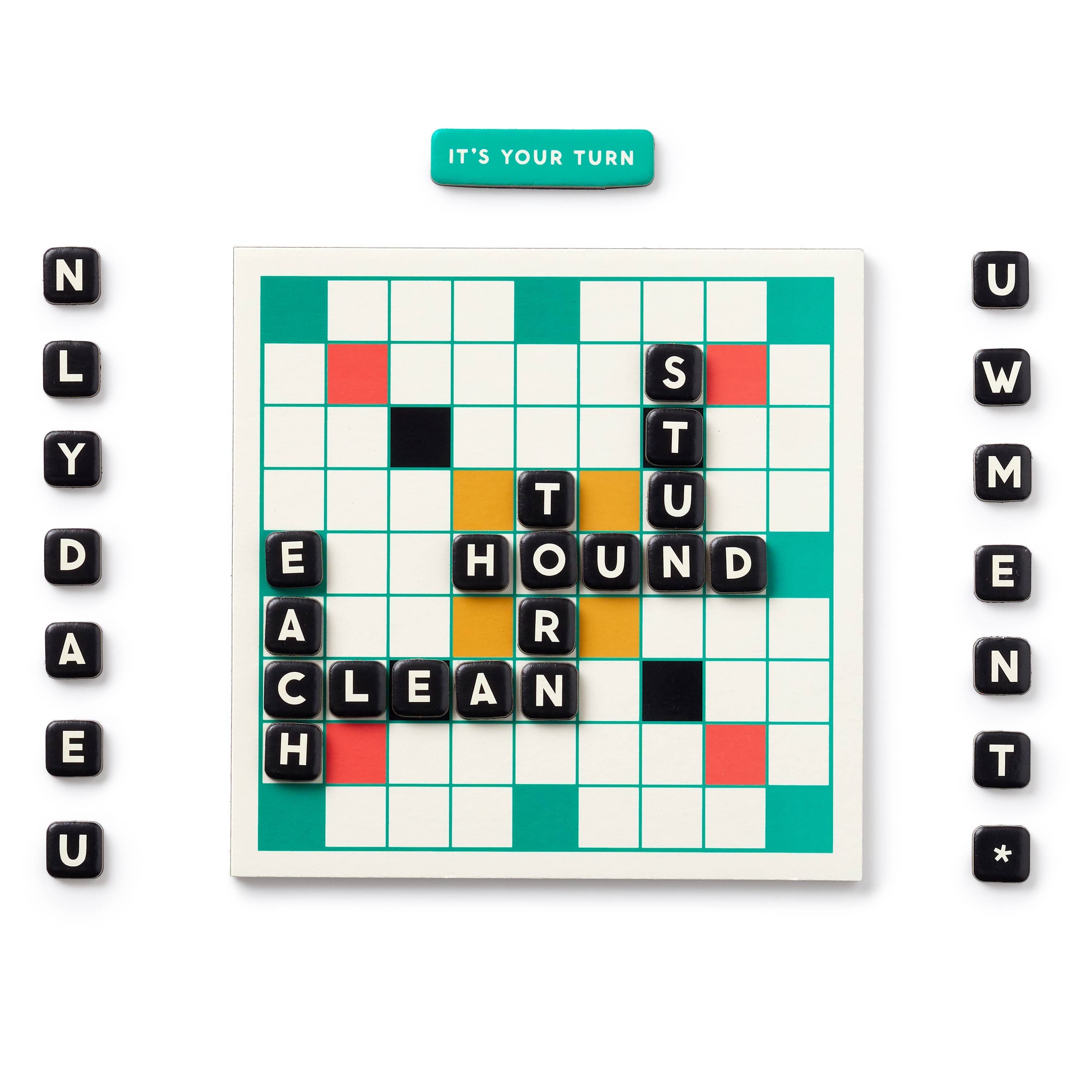 Brass Monkey Scrumble Magnetic Fridge Game with STUN, TURN, EACH, HOUND, and CLEAN tiles on a double-sided board.
