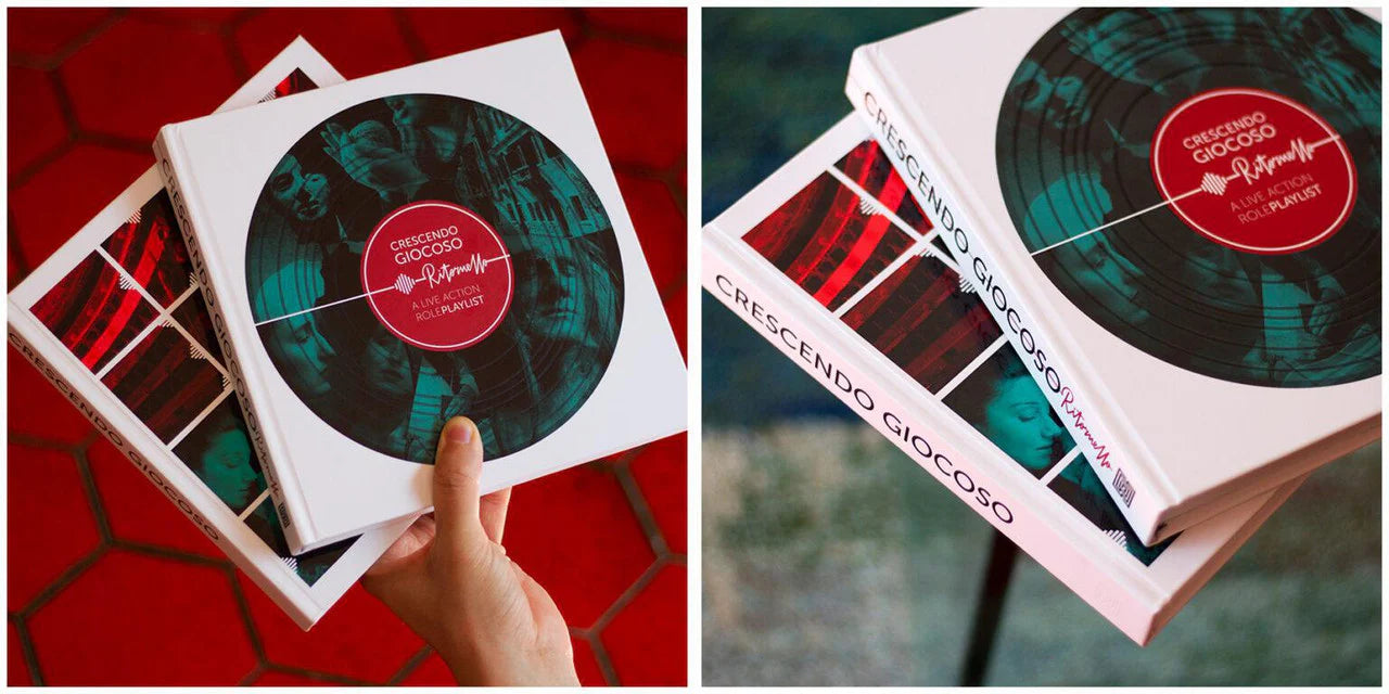 Crescendo Giocoso book held in a hand, with a cover designed to resemble a vinyl record and referencing Italian authors.