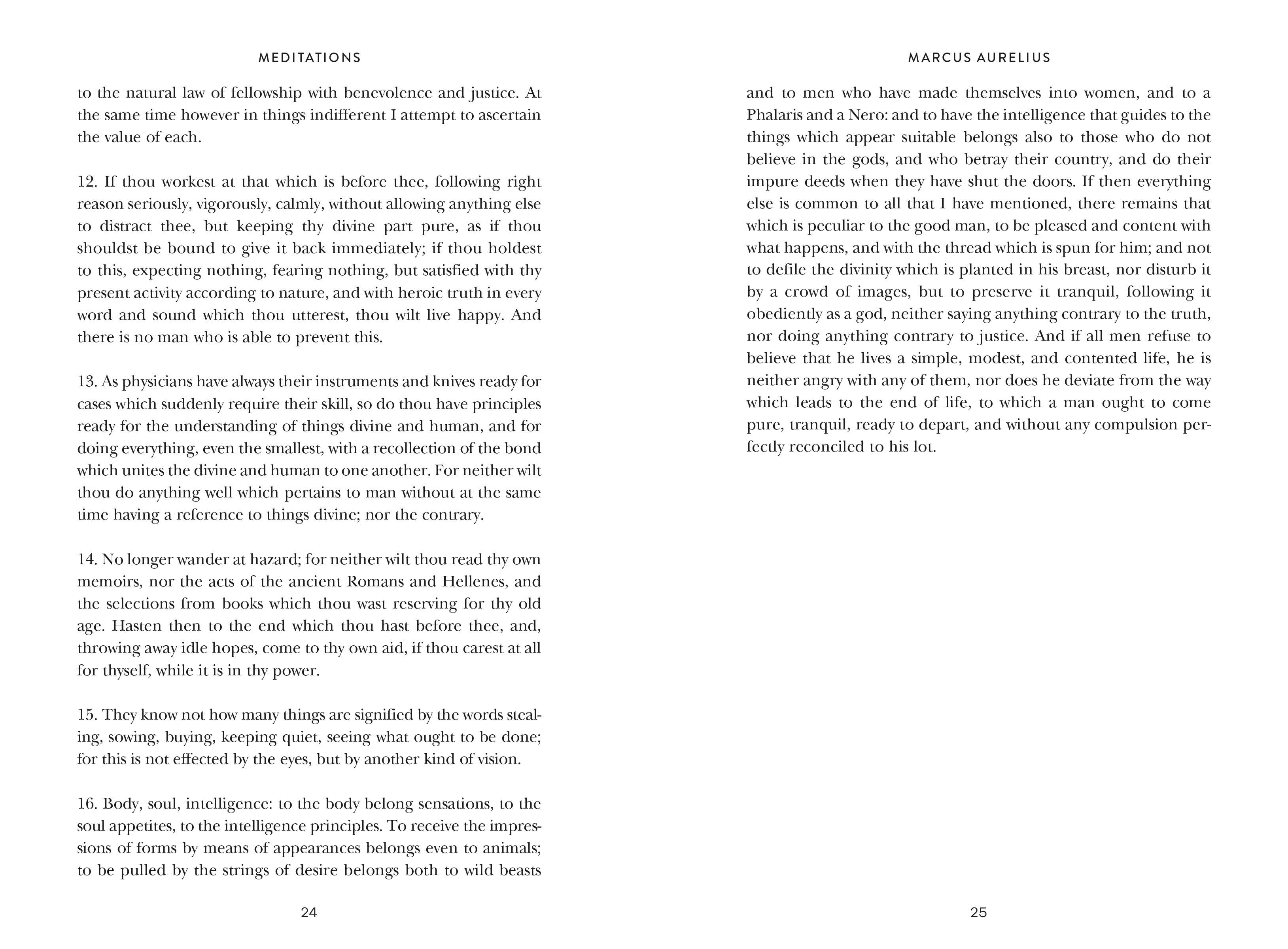 Two pages from Meditations by Marcus Aurelius with numbered paragraphs and section headings visible.