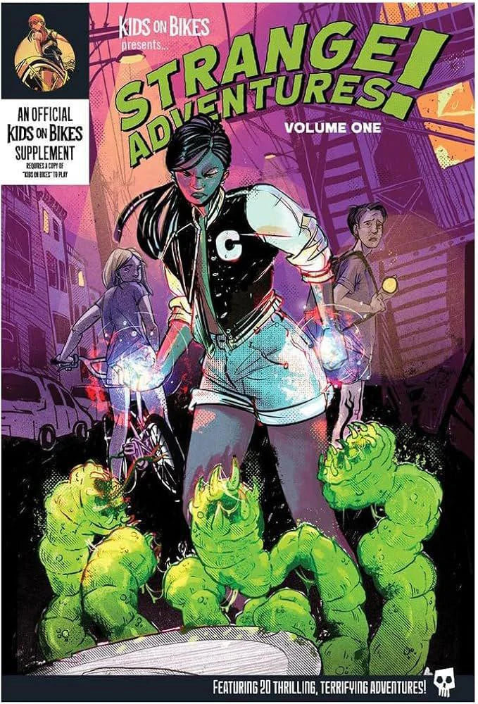 Kids on Bike: Strange Adventures Vol 1 cover featuring a teen with glowing hands and two friends facing green monsters.