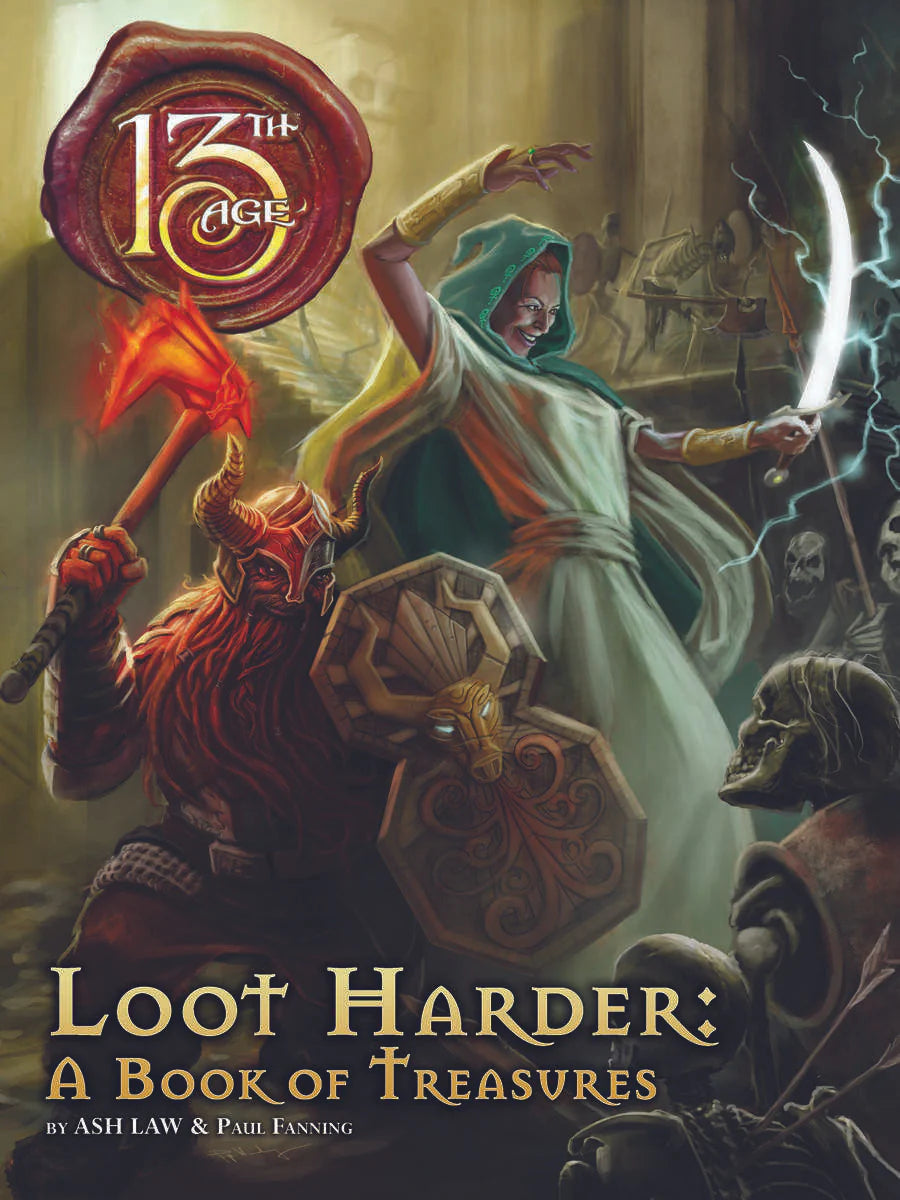 13th Age Loot Harder: A Book of Treasures with art showing a warrior and mage fighting skeletons in a dungeon.