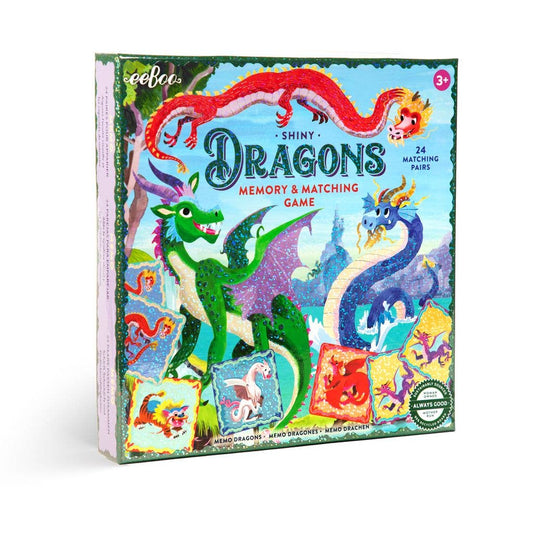 Dragons Shiny Memory & Matching Game box with illustrated dragon tiles and matching cards shown on the front.
