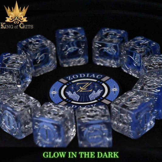 Blue Zodiac Pack 12D6 dice set arranged in a circle with matching token; glow-in-the-dark text underneath.