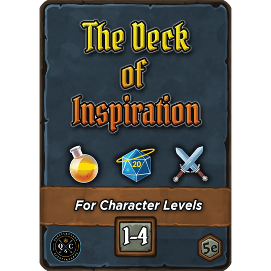 Deck of Inspiration: Level 1-4 for D&D 5e, featuring potion, dice, and crossed swords icons.