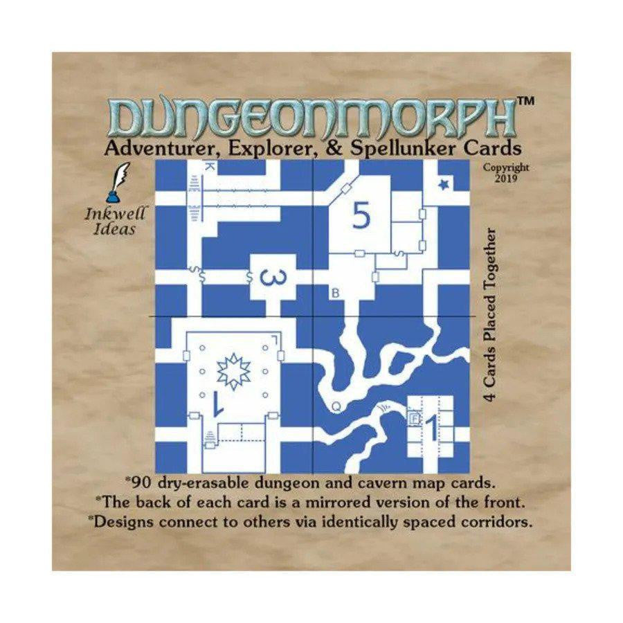 DungeonMorph Cards: Adventurer, Explorer & Spellunker sets with blue and white tiles showing rooms, corridors, and numbering.