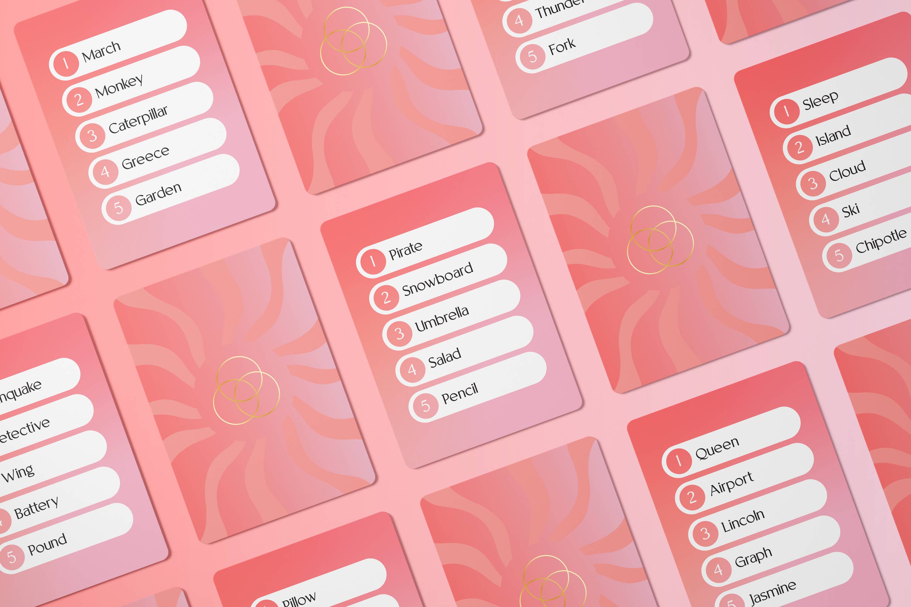 Pink Sync party game cards displayed on a light pink background.