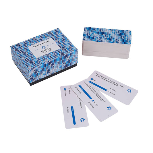 Jewish Trivia game box in blue and white with a stack of cards and three trivia cards in front.