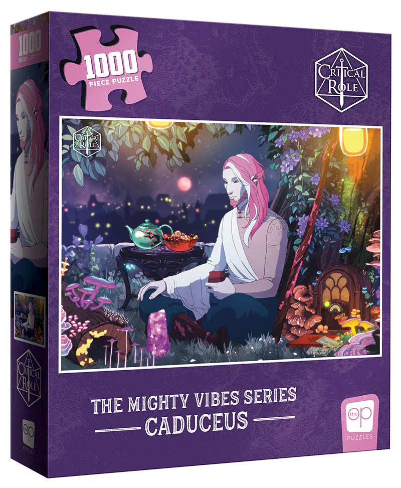 The Critical Role Mighty Vibes Caduceus Puzzle, 1000 pieces, features pink-haired Caduceus Clay in a magical forest.