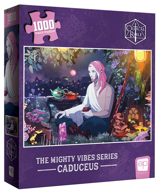 The Critical Role Mighty Vibes Caduceus Puzzle, 1000 pieces, features pink-haired Caduceus Clay in a magical forest.