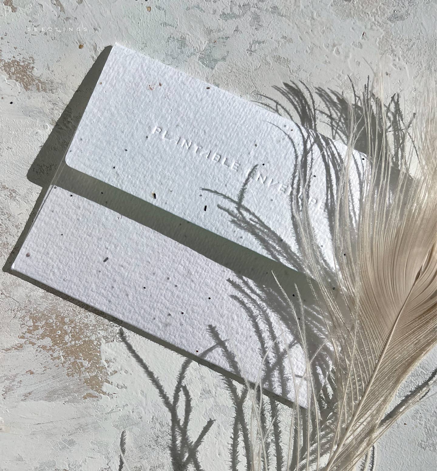 The Lucky Baby - Baby Card with textured white plantable seed paper envelope and a pale feather nearby.