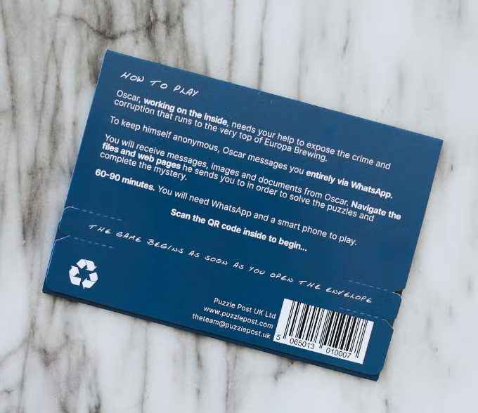 Interactive Escape Room - the Insider blue instruction card with QR code, recycling symbol, and play instructions.
