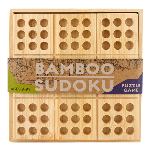 Ecologicals Bamboo Sudoku board game in a wooden box with square tiles featuring holes, for ages 9-99.