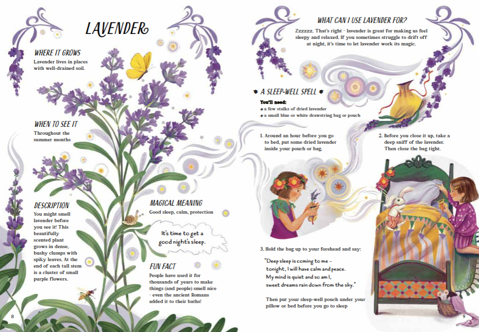 A Guide to Plants for Little Witchlings book about lavender growth, meanings, facts, and kid activities.