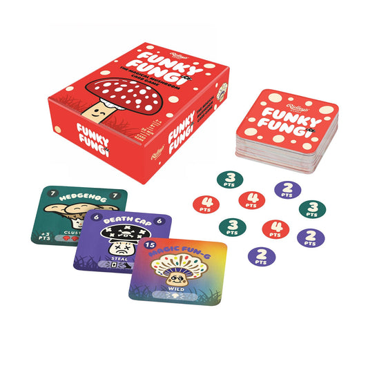 Funky Fungi game box, cards, and tokens displayed.