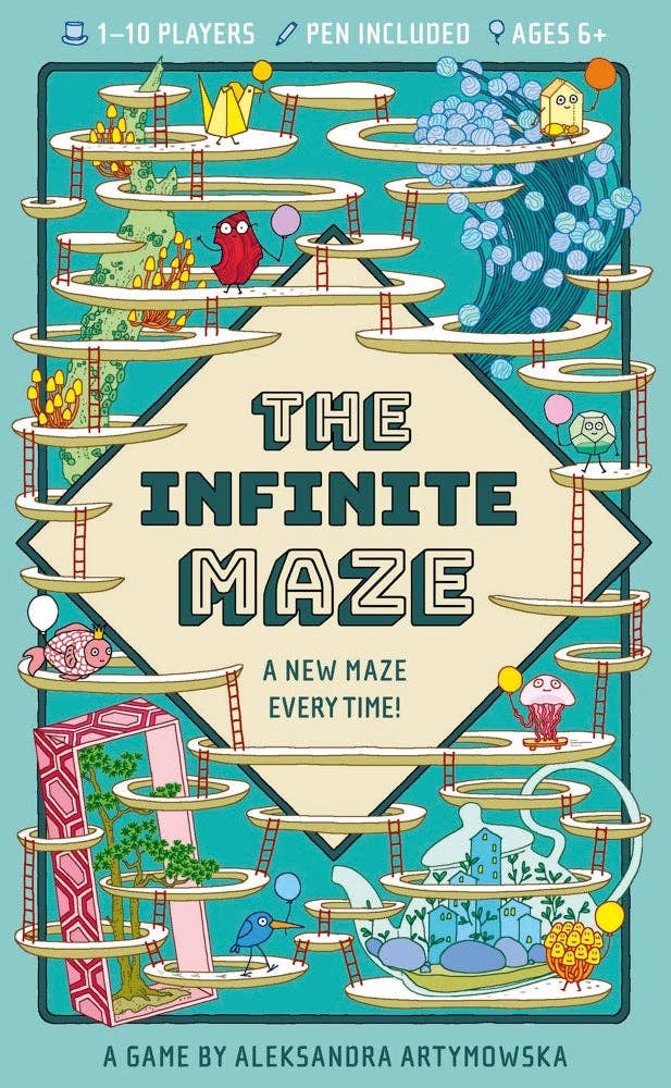 The Infinite Maze board game box featuring title text, creatures, and plant illustrations on the cover.