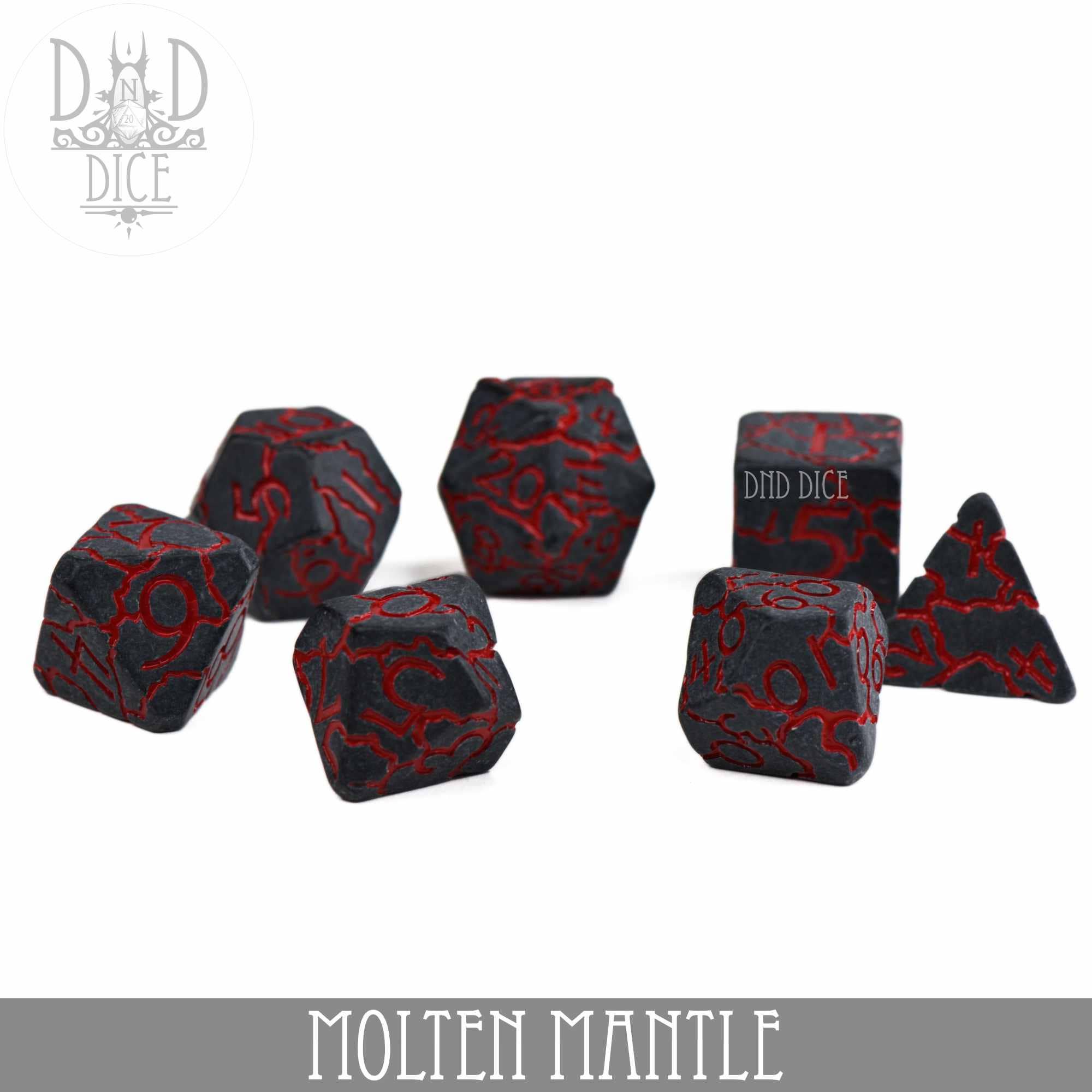 Molten Mantle 7-piece black resin dice set with glowing red cracks.