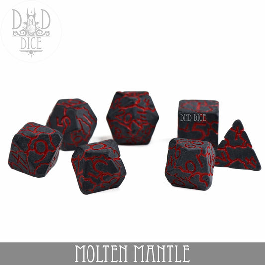Molten Mantle 7-piece black resin dice set with glowing red cracks.
